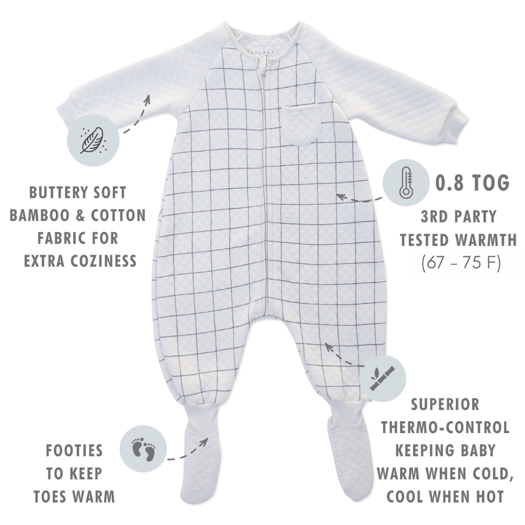 TEALBEE DREAMSIE - Buttery soft bamboo & cotton fabric for extra coziness, 0.8 TOG 3rd party tested warmth (67 - 75 F), Footies to keep toes warm, Superior thermo control keeping baby warm when cold, cool when hot.