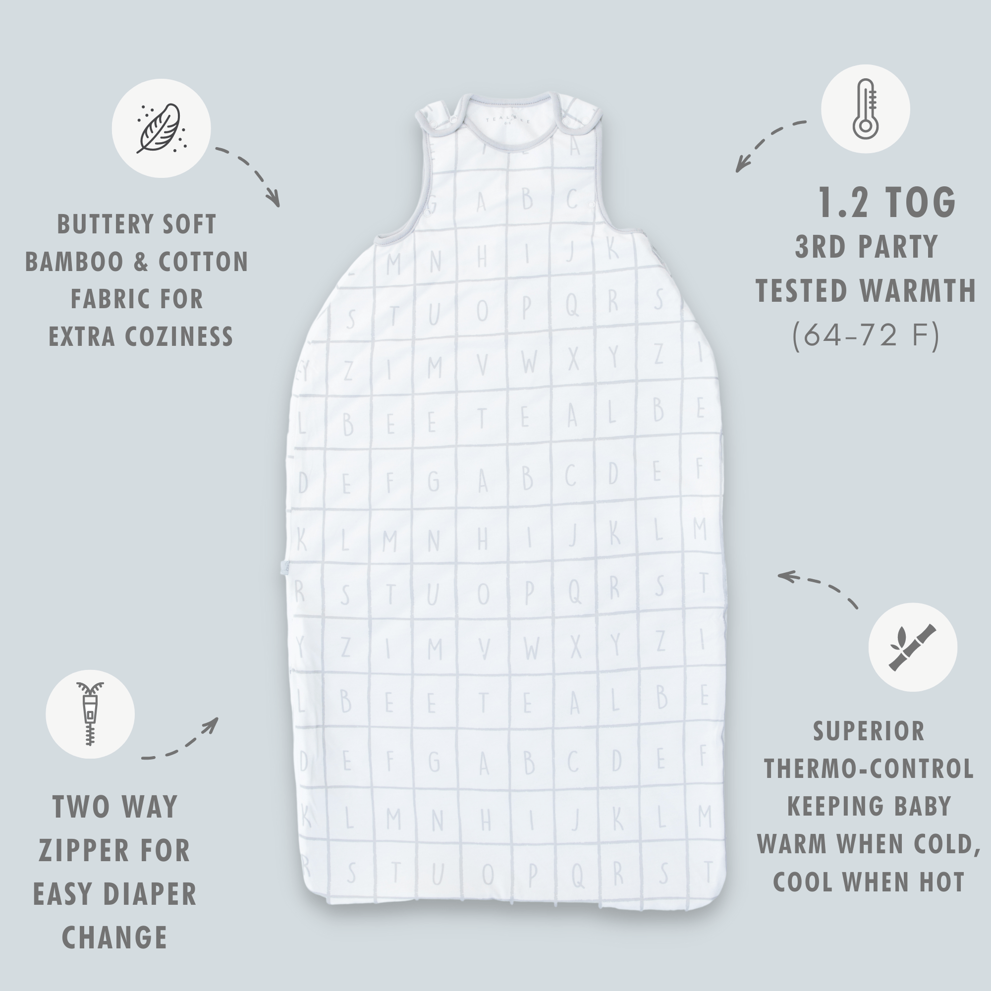 Dreambag sleep sack buttery soft bamboo cotton for extra coziness, 1.2 tog 3rd party tested warm, suitable for 64-72 degrees, two way zipper for easy diagper change, superior thermo control keeping baby warm when cold, cool when hot