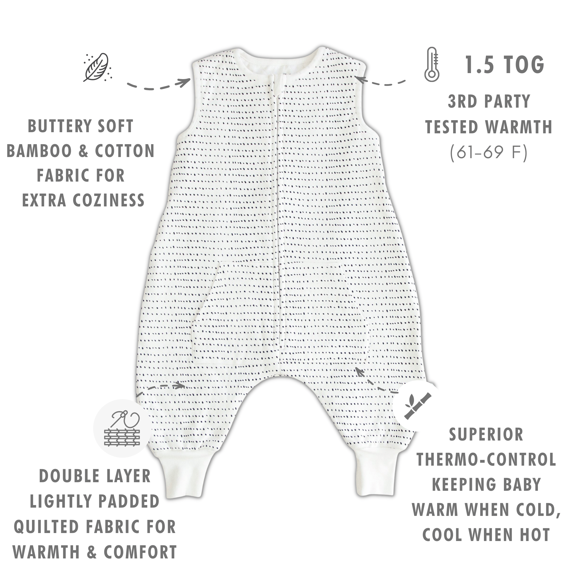 Tealbee Dreamsuit - Buttery soft bamboo & cotton fabric for extra coziness, 1.2 TOG 3rd party tested warmth (64 - 72 F), Double layer lightly padded quilted fabric for warmth and comfort, superior thermo-controlkeeping baby warm when cold, cool when hot.