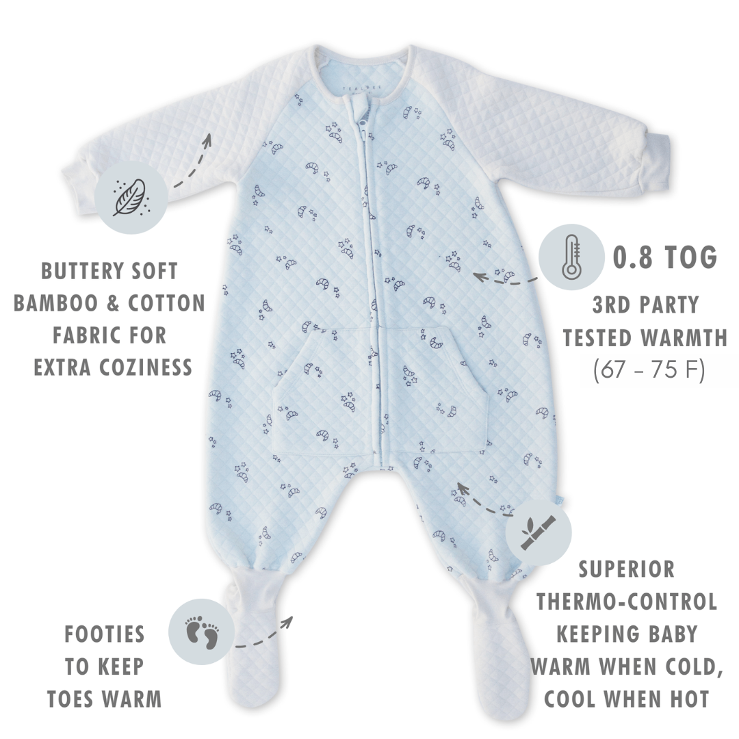 TEALBEE DREAMSIE - Buttery soft bamboo & cotton fabric for extra coziness, 0.8 TOG 3rd party tested warmth (67 - 75 F), Footies to keep toes warm, Superior thermo control keeping baby warm when cold, cool when hot.
