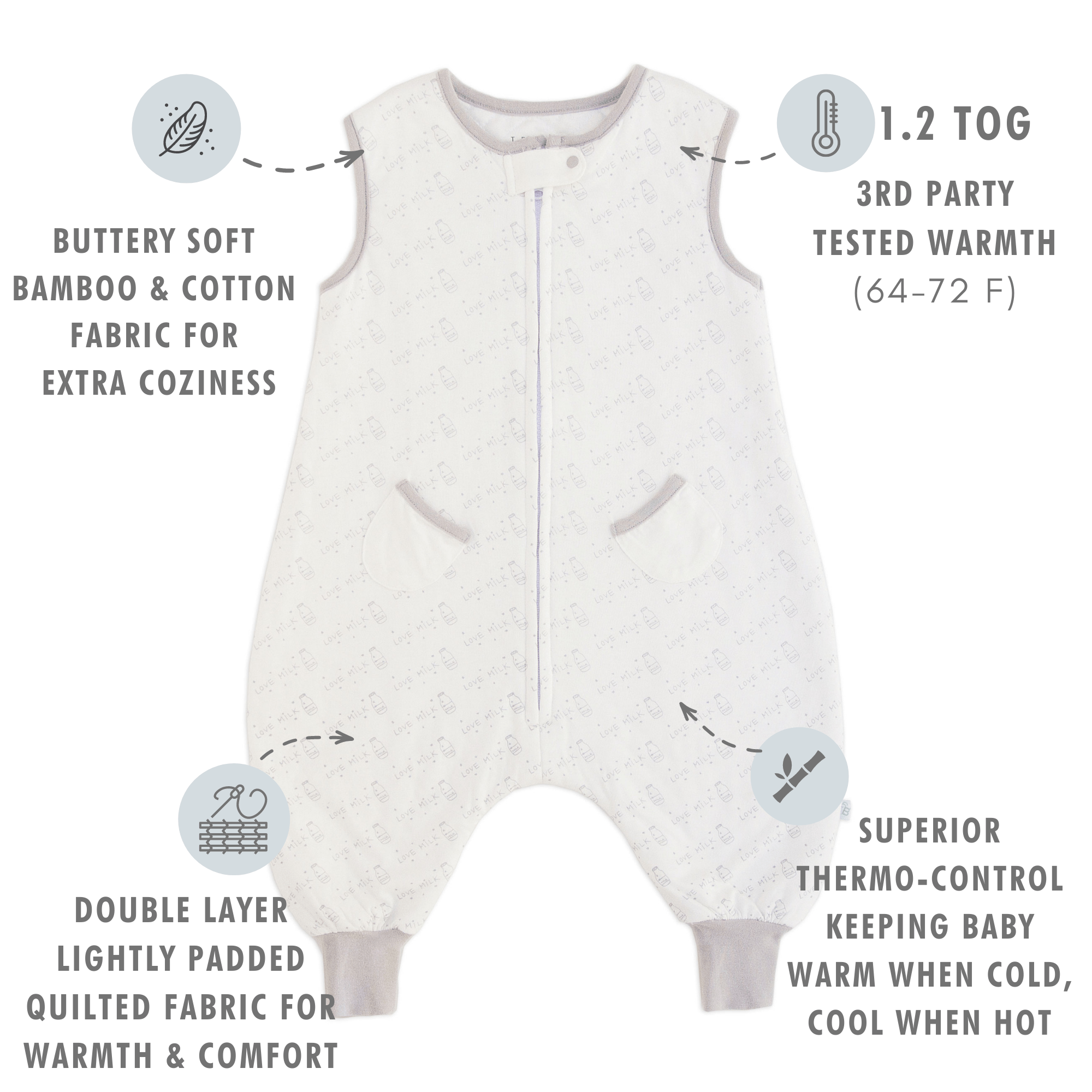 Tealbee Love Milk Dreamsuit - buttery soft bamboo and cotton fabric for extra coziness, 1.2 TOG 3rd party tested warmth (64 to 72 Fahrenheit), double layer lightly padded quilted fabric for warmth and comfort, superior thermo-control keeping baby warm when cold and cool when hot