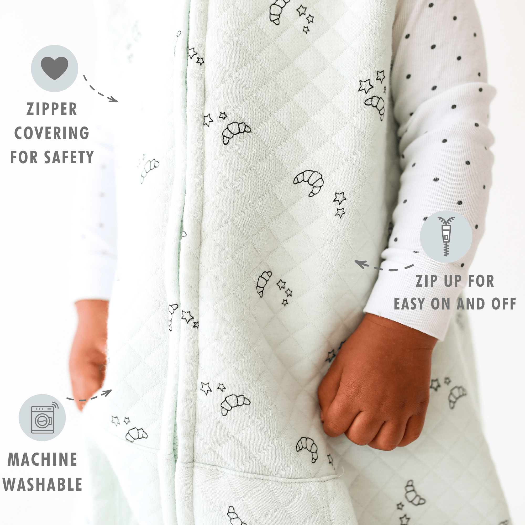 Tealbee Croissant Dreamsuit - zipper covering for safety, zip up for easy on and off, machine washable.