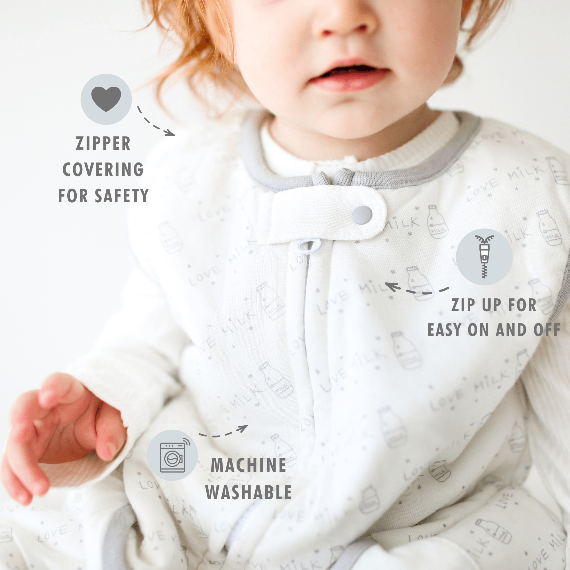 Tealbee Love Milk Dreamsuit - zipper covering for safety, zip up for easy on and off, machine washable