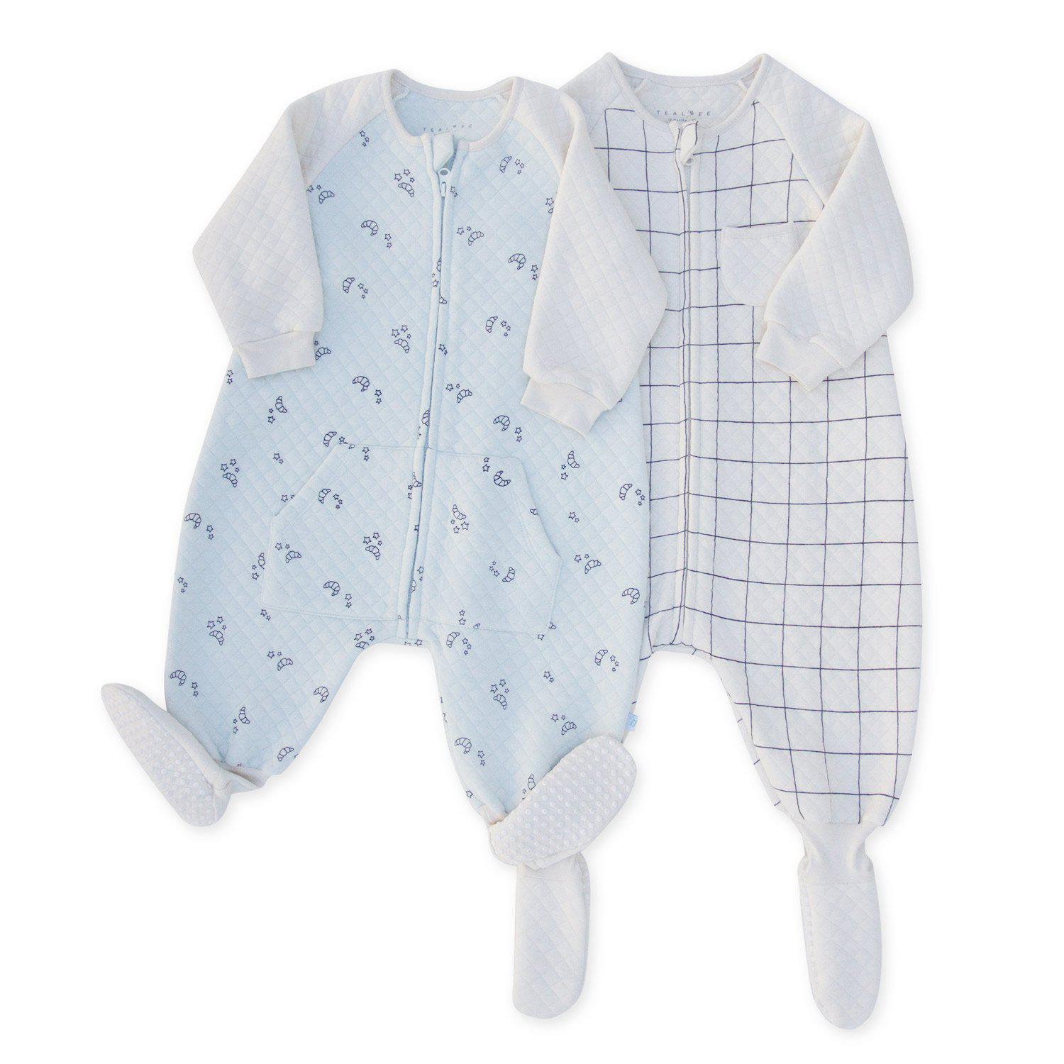 Tealbee Dreamsie with sleeves and footies, sizes available 12m to 4T - product flatlay view showing two designs (Croissant and Checkered)