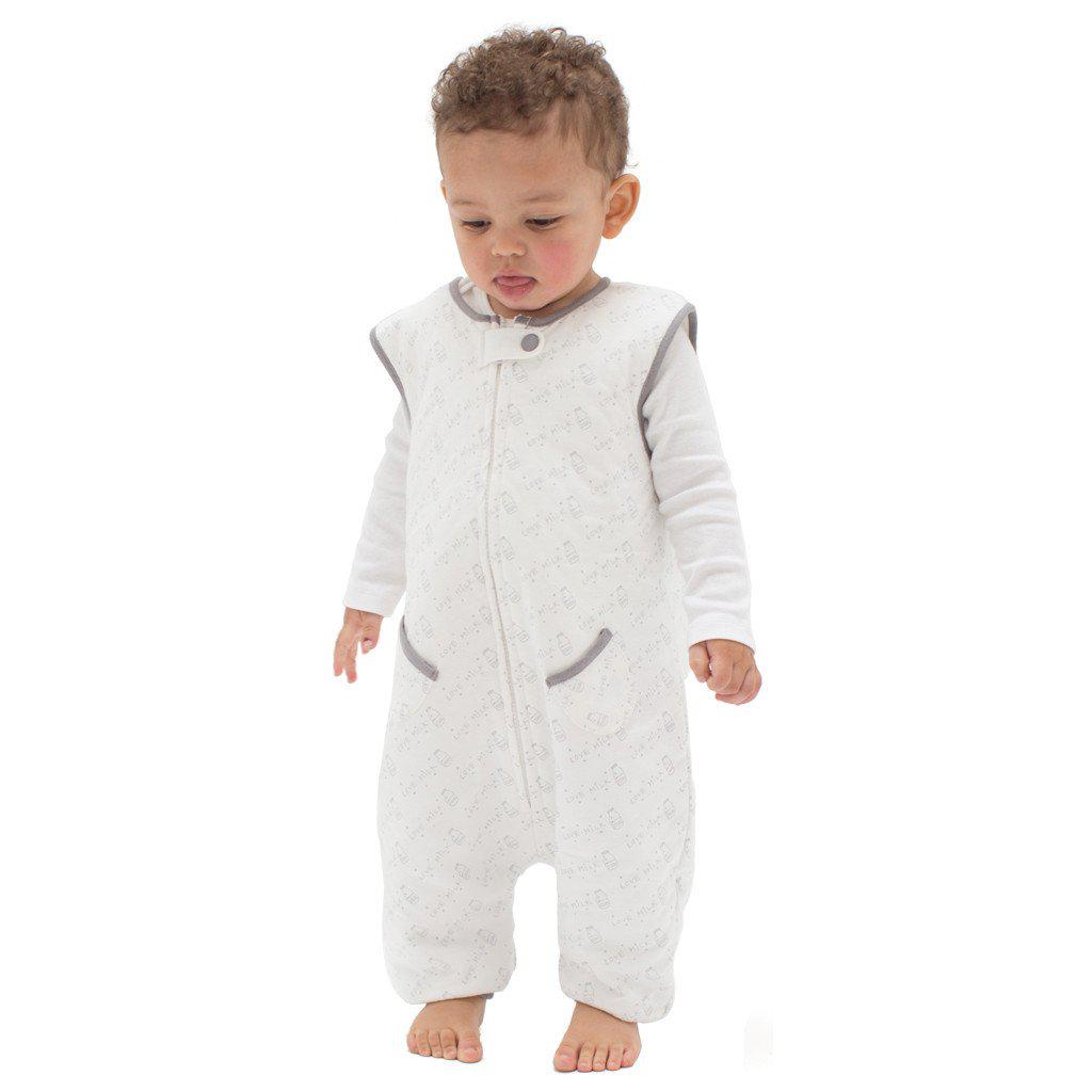 Baby wearing Love Milk Dreamsuit - 1.2 TOG and Toddler Sleep Sack With Legs