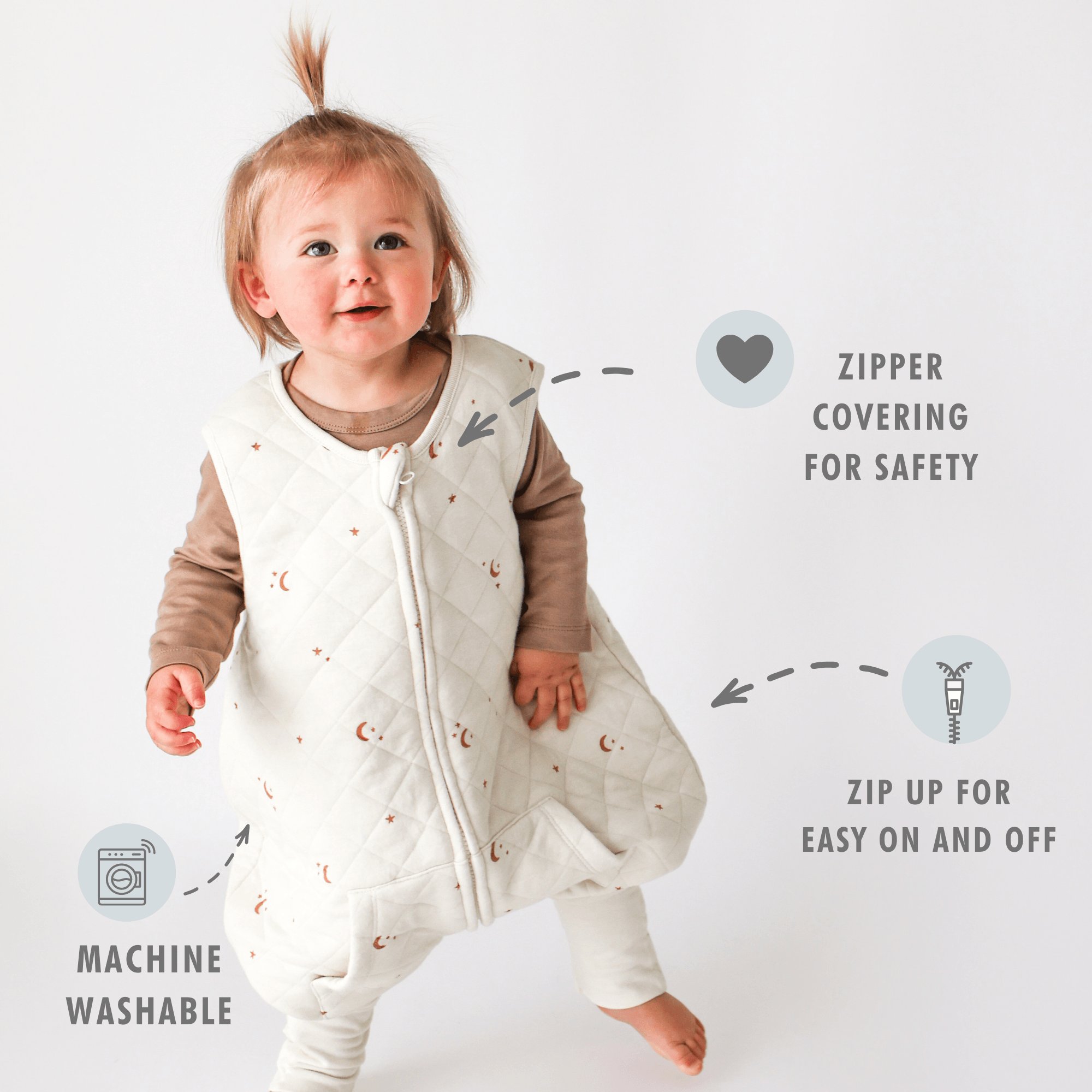 Tealbee Moon & Stars Dreamsuit Sleep Sack - zipper covering for safety, machine washable, zip up for easy on and off.