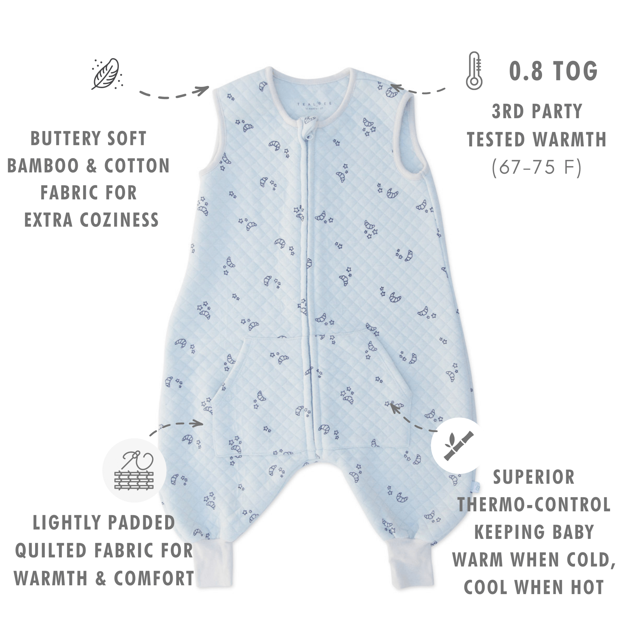 Tealbee Croissant Dreamsuit Toddler Sleep Sack - buttery soft bamboo and cotton fabric for extra coziness, 0.8 TOG 3rd party tested warmth (67 to 75 Fahrenheit), lightly padded quilted fabric for warmth and comfort, superior thermo-control keeping baby warm when cold and cool when hot