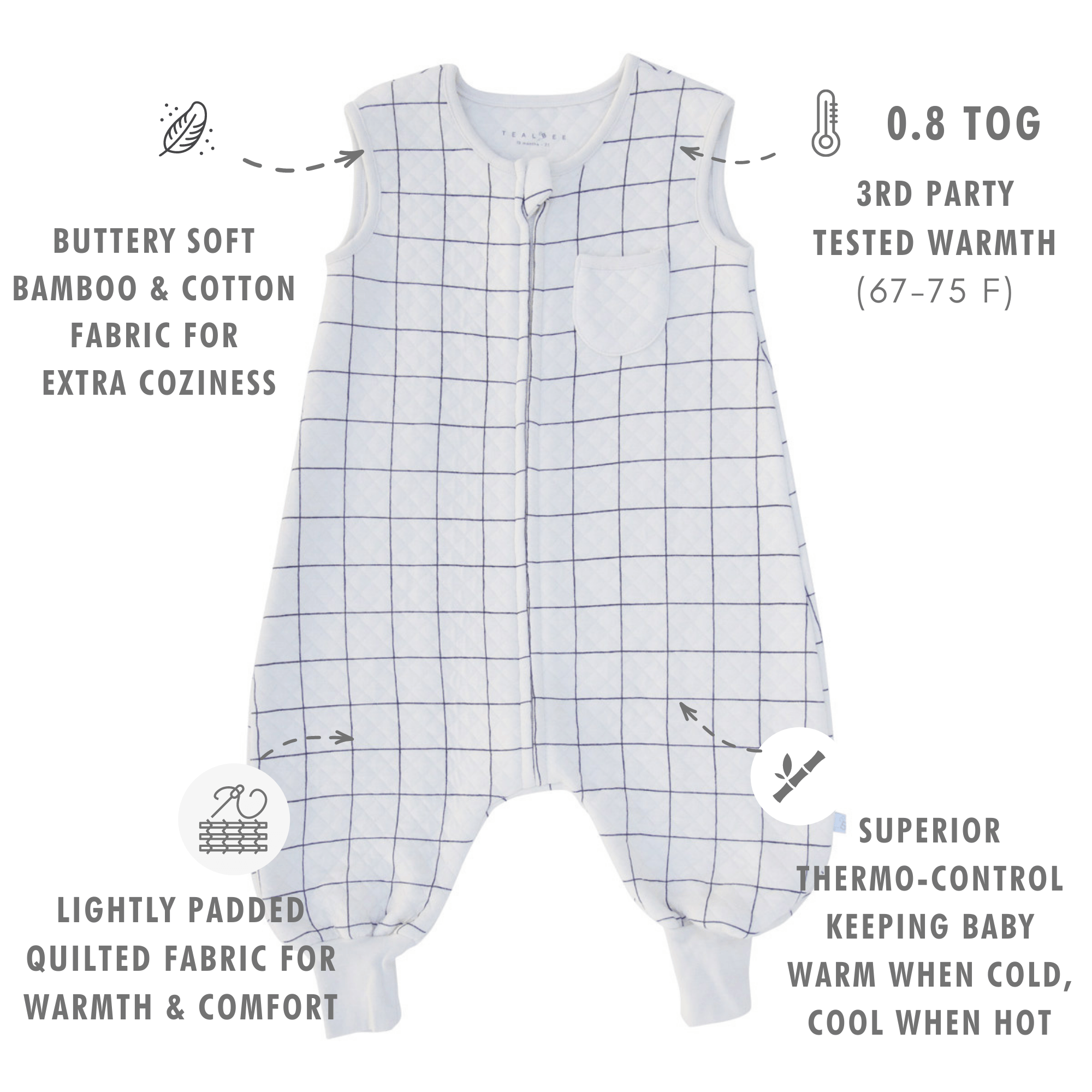 Tealbee Dreamsuit - Buttery soft bamboo & cotton fabric for extra coziness, 1.2 TOG 3rd party tested warmth (64 - 72 F), Double layer lightly padded quilted fabric for warmth and comfort, superior thermo-controlkeeping baby warm when cold, cool when hot.