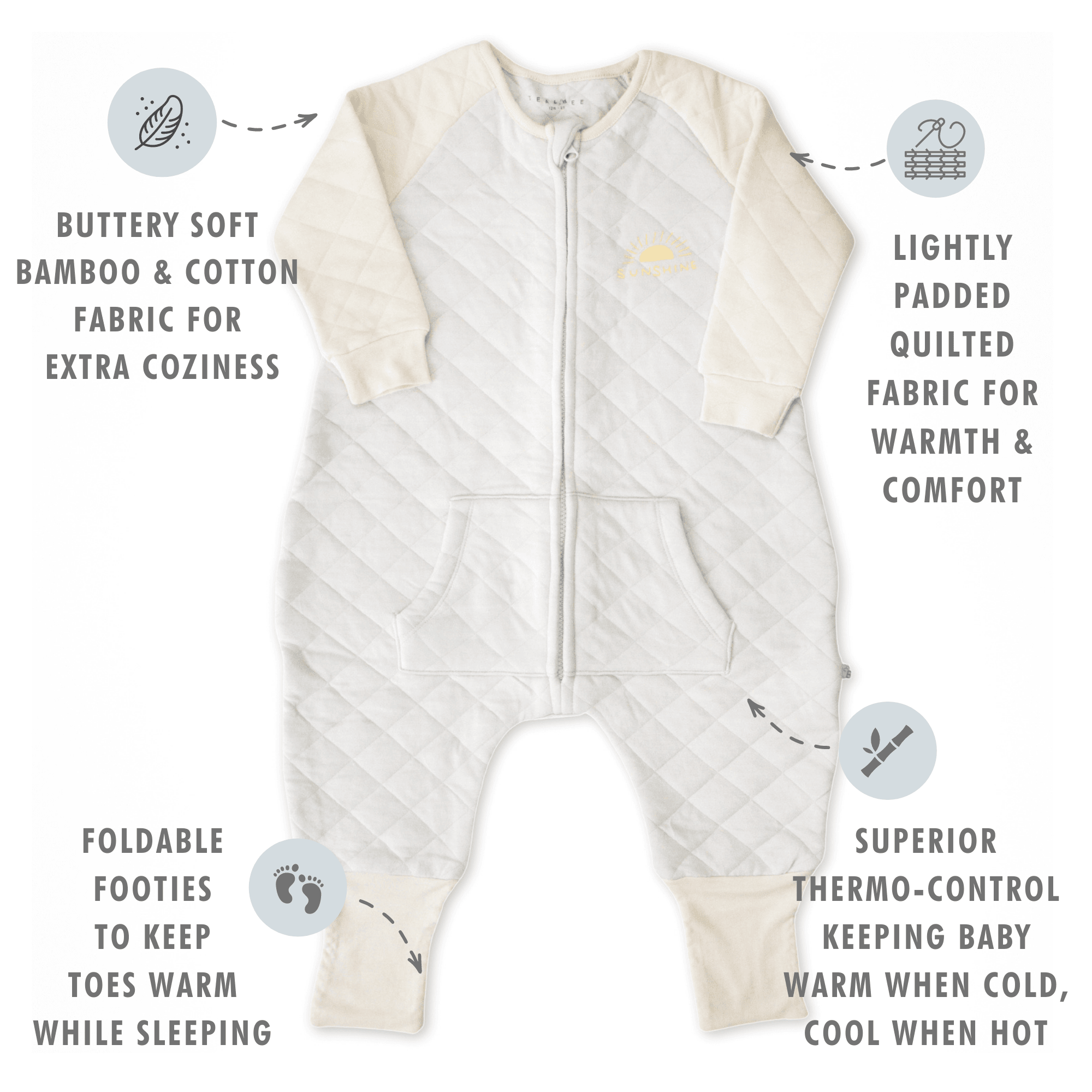 TEALBEE DREAMSIE - Buttery soft bamboo & cotton fabric for extra coziness, 0.8 TOG 3rd party tested warmth (64 - 69 F), Footies to keep toes warm, Superior thermo control keeping baby warm when cold, cool when hot.