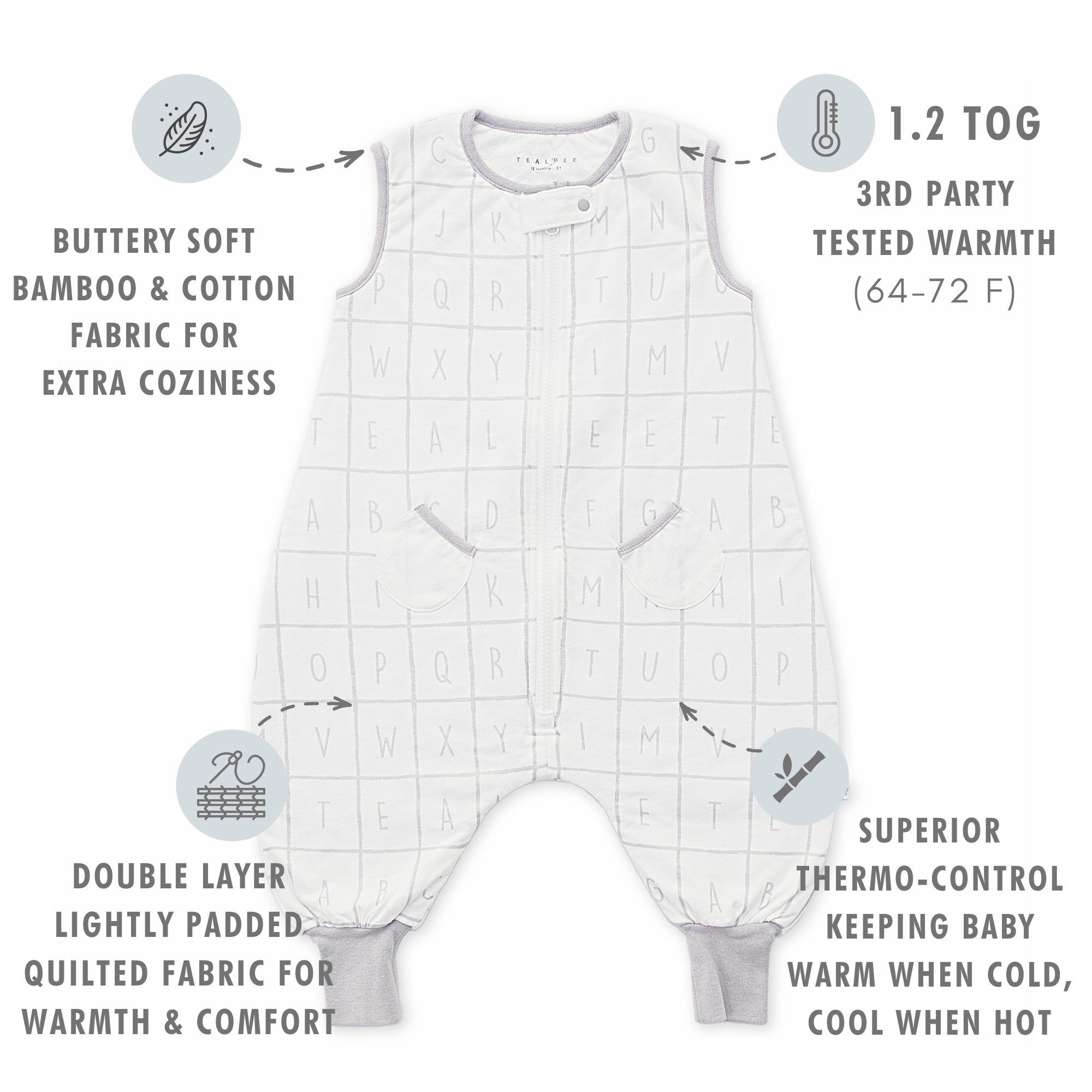 Tealbee Dreamsuit - Buttery soft bamboo & cotton fabric for extra coziness, 1.2 TOG 3rd party tested warmth (64 - 72 F), Double layer lightly padded quilted fabric for warmth and comfort, superior thermo-controlkeeping baby warm when cold, cool when hot.