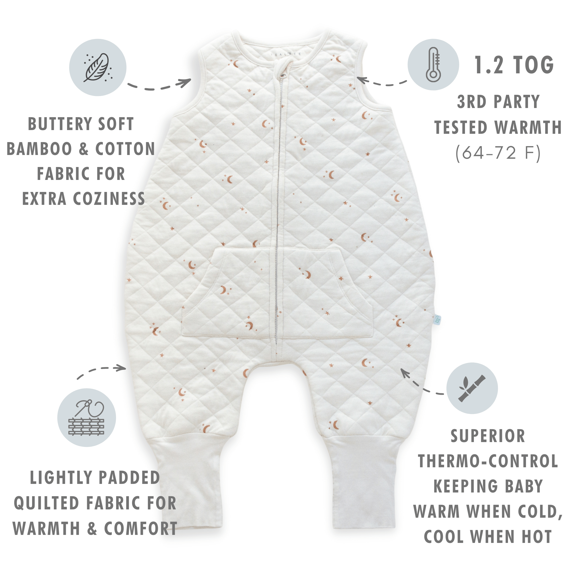 Tealbee Moon & Stars Dreamsuit Sleep Sack - buttery soft bamboo and cotton fabric for extra coziness, 1.2 TOG 3rd party tested warmth, lightly padded quilted fabric for warmth and comfort, superior thermo-control keeping baby warm when cold and cool when hot.
