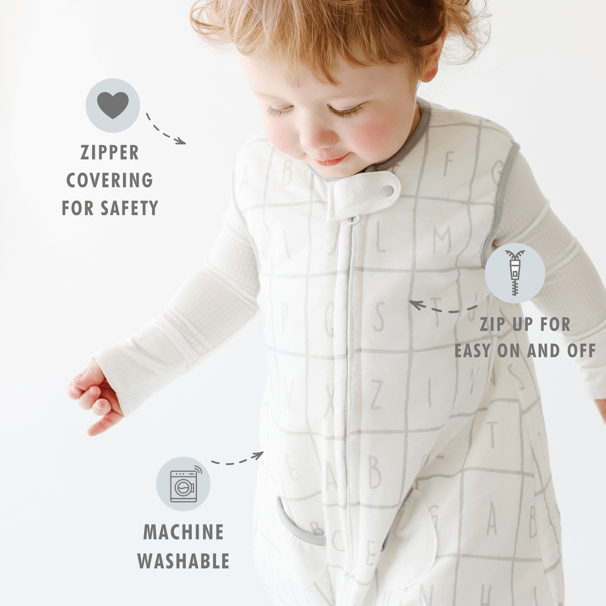 Tealbee Dreamsuit - zipper covering for safety, zip up for easy on and off, machine washable.